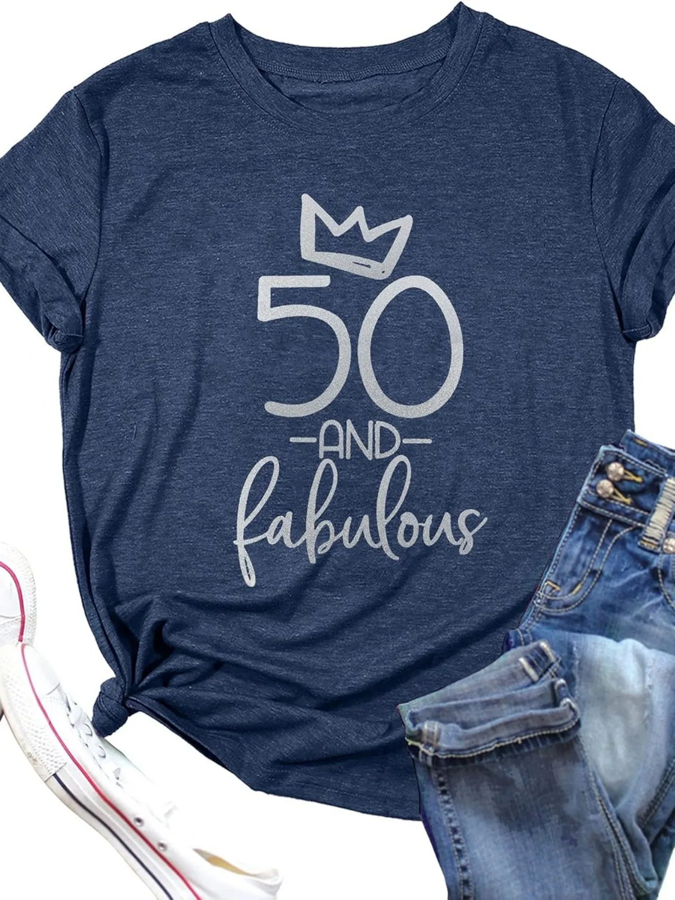 

Plus size women's short sleeve T-shirt Fifty And Fabulous Crown Design Daily comfortable versatile style summer outfit women's