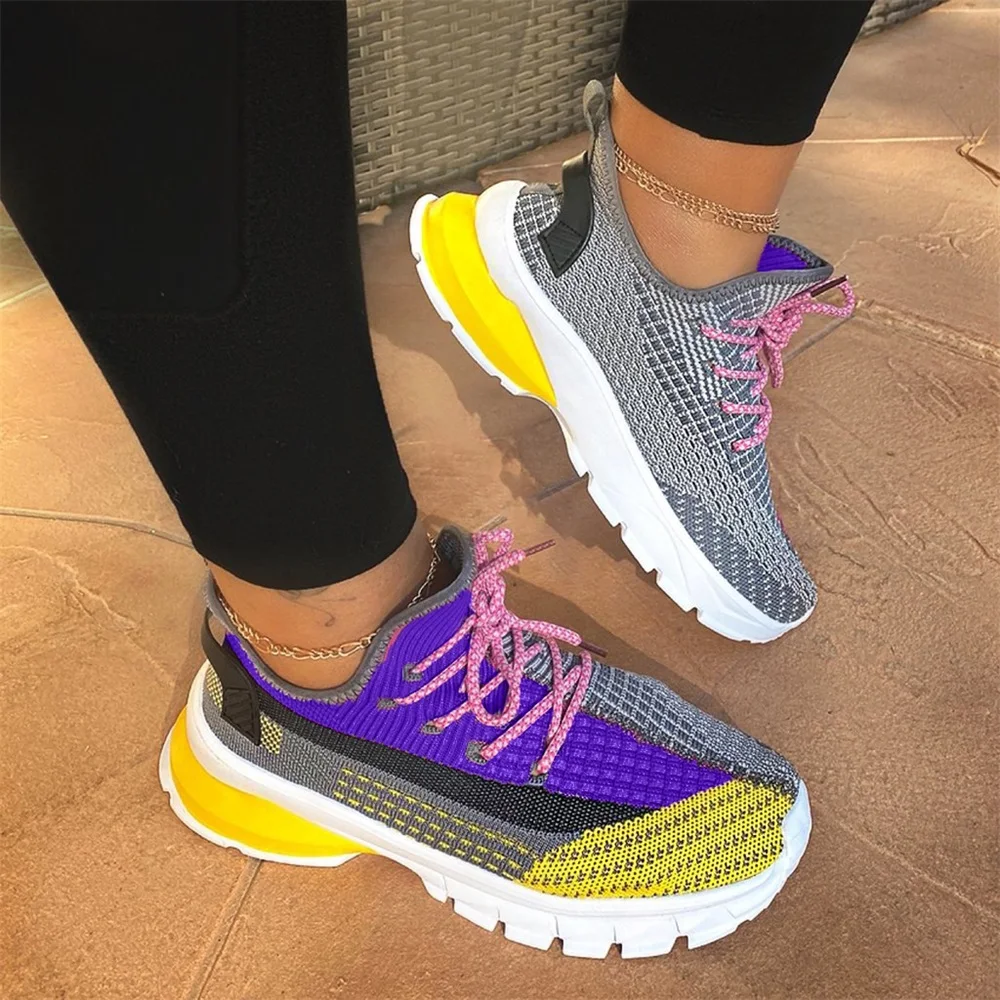 Woman Sneakers Trends 2024 Spring Mix Color Knitted Fabric Sport Shoes 35-43 Large-Sized Flats Female Shoes