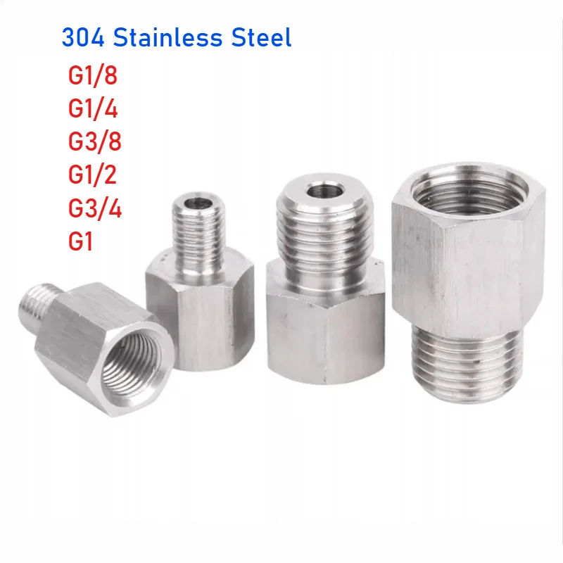304 Stainless Steel Pipe Fitting Connector Adapter G1/8 G1/4 G3/8 G1/2 G3/4 G1 Female Turn To Male For Pressure Gauge