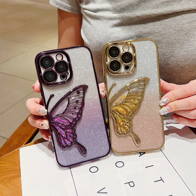 Funda de teléfono de mariposa con purpurina y borde chapado de Color sólido de lujo para iPhone 17 Pro Max Air 15 11 12 13 14 16 Pro Max