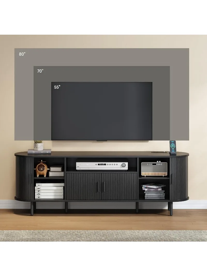 69" Fluted TV Stand w/Power Outlet for TVs up to 80 Inch, Black, Customized view 5