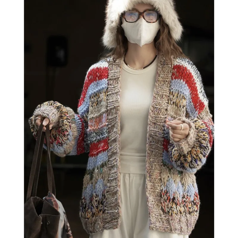 Johnature Winter New Korean Version Retro Lazy Colorful Thick Stripe Knit Wool Sweater Loose Coats For Women