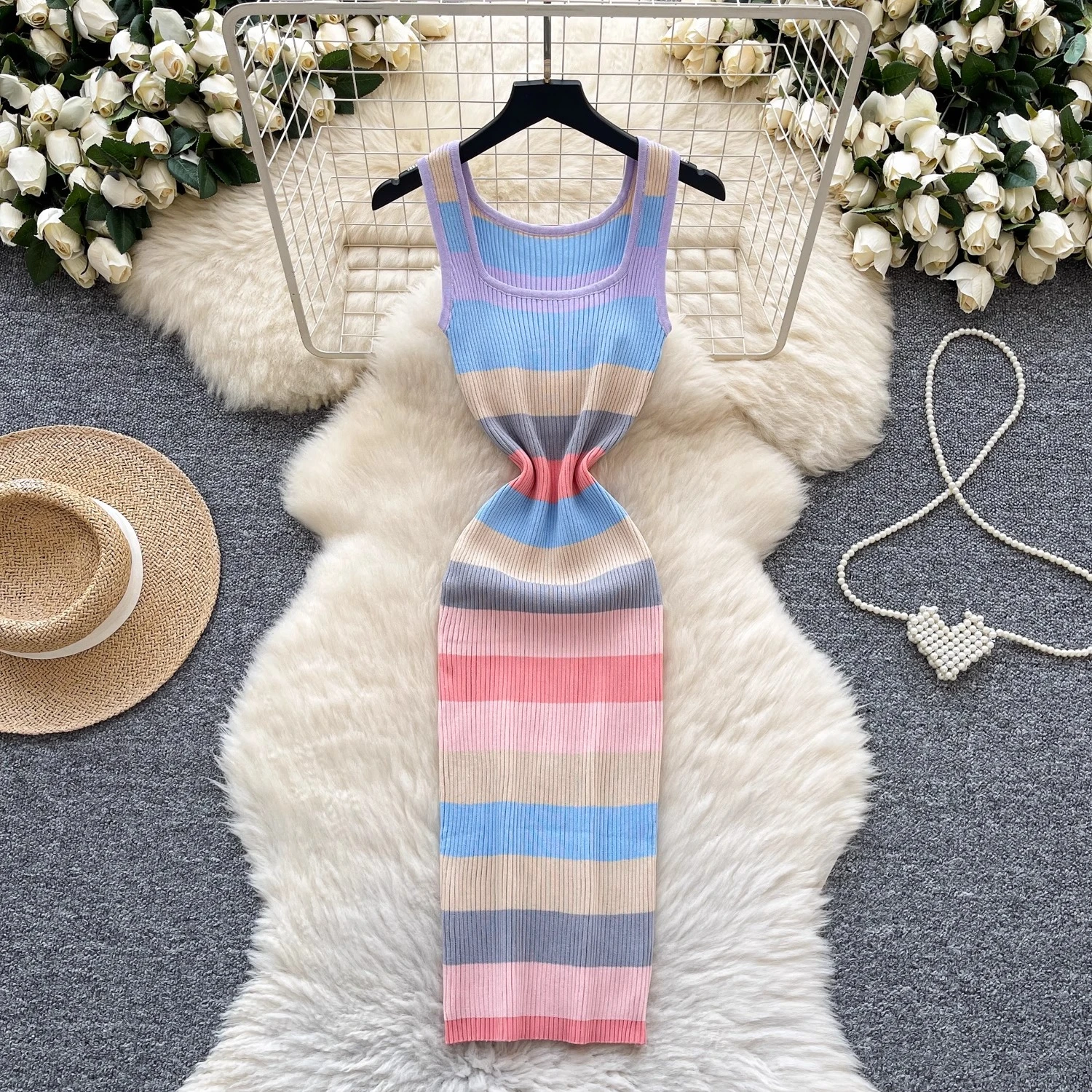 REALEFT ฤดูร้อน Vintage Rainbow ผู้หญิงถักชุด 2025 ใหม่แขนกุดสแควร์ Casual Sheath ดินสอห่อชุดหญิง