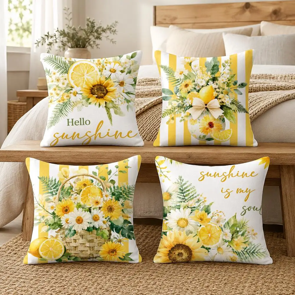 Daisy Lemon Summer Theme Cushion Cover Soft Short Plush Pillow Cover Smooth Cozy Texture Cushion Case Home Decor