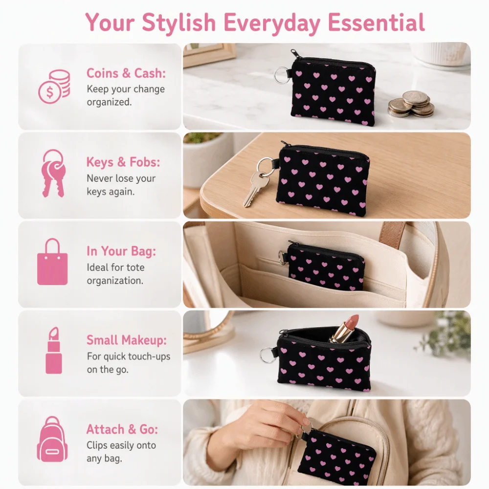 Love Heart Black Coin Purse Printed Easy Access Zipper Makeup Bag with Key Ring Zip Pouch Coin Key Card Holder Holiday Gift