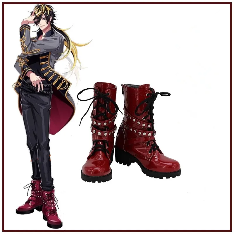 

Hypnosis Microphone Jyushi Aimono Cosplay Costume Shoes Dark Red Handmade Faux Leather Silvery Shoes Boots