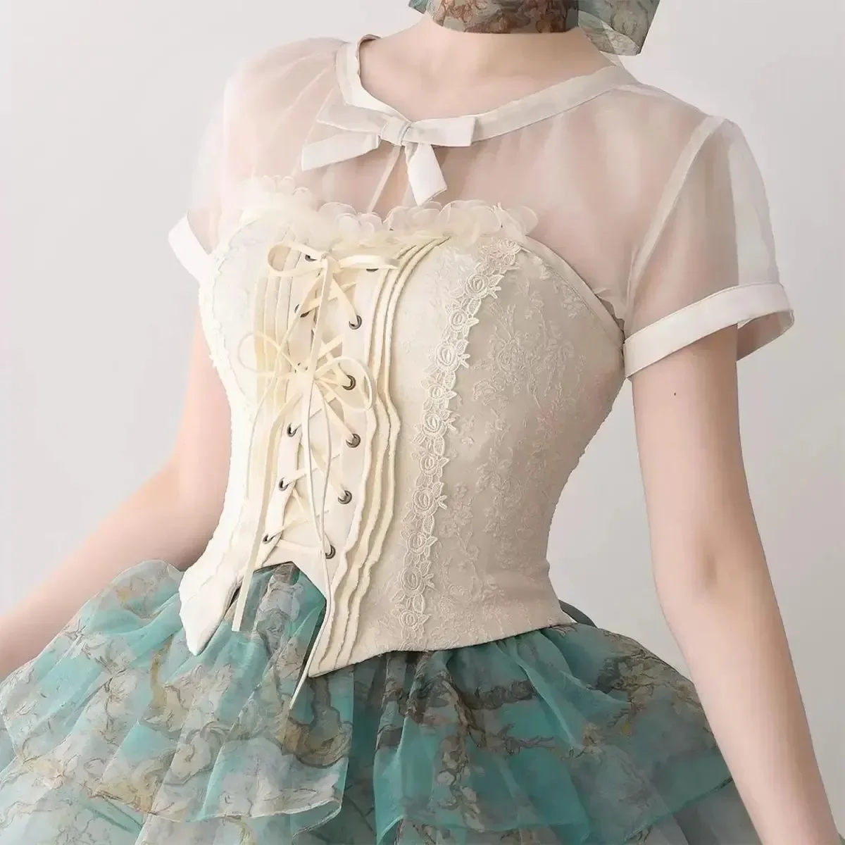 

Women Blouses Lolita Style Japanese Shirts 2025 Blusas Mujer De Moda Gauze Bow Short Sleeve Hollow Out See Through Summer Blouse