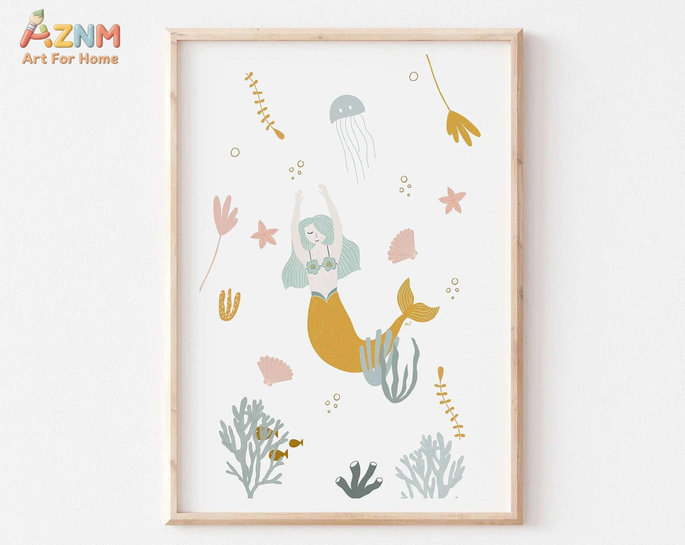AZNM Boho Pastel Mermaid Ocean Nursery Canvas Wall Art Print Decor