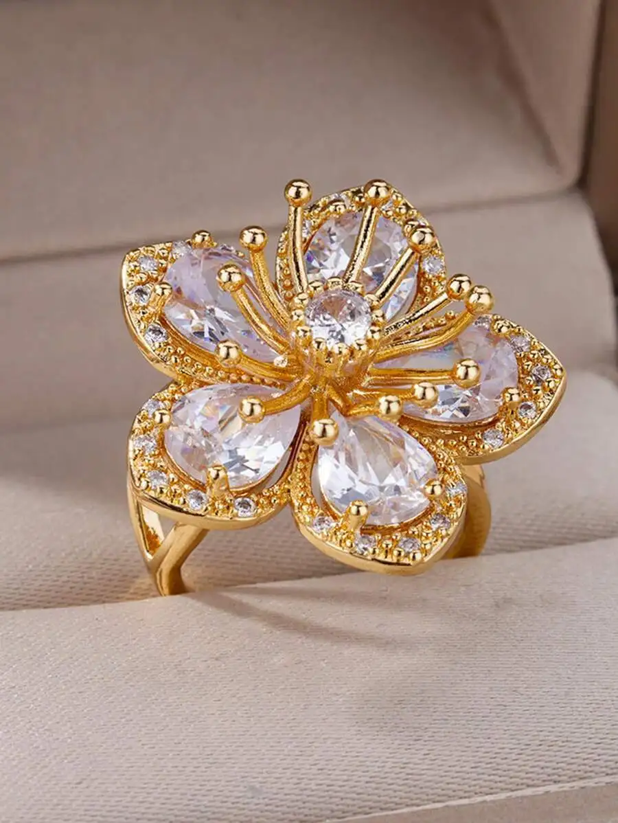 Elegant Flower Ring With Zirconia Stones Stainless Steel Gold Tone Adjustable For Women