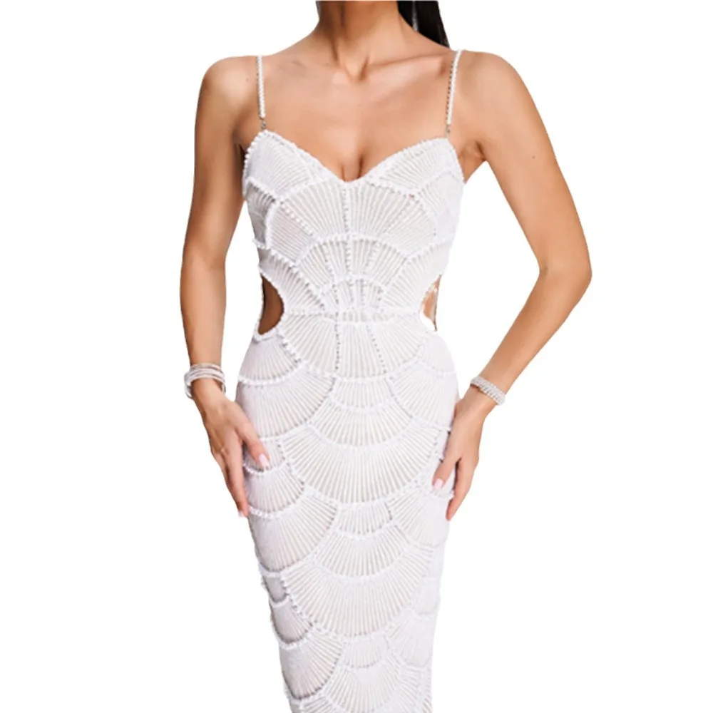 Witte Parel Pailletten Dr Faionable Uitgesneden Par-jurk Nieuwe collectie Dames Dr Gentle Sle Losse taille Polyester Lange ski...