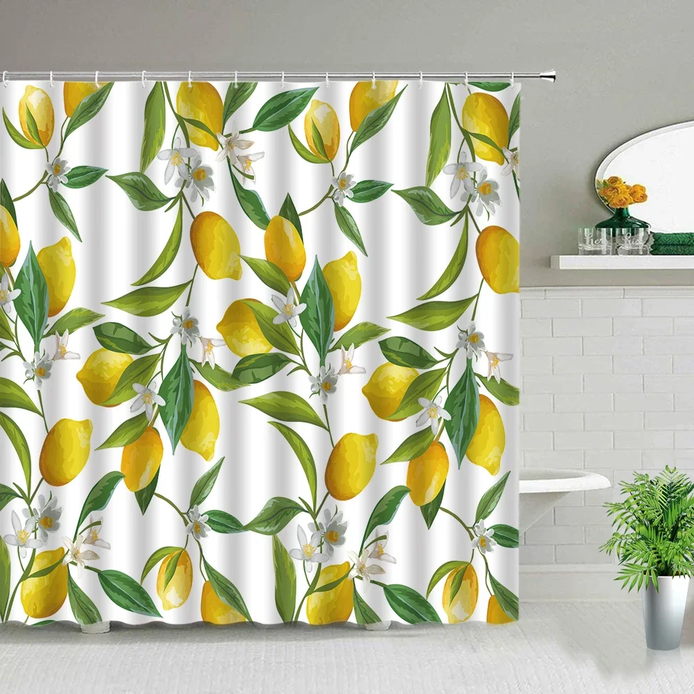 Summer Fruit Shower Curtain Exotic Yellow Lemon Flower Green Leave Pattern Design Fabric Waterproof Bathroom Decor Bath Curtains