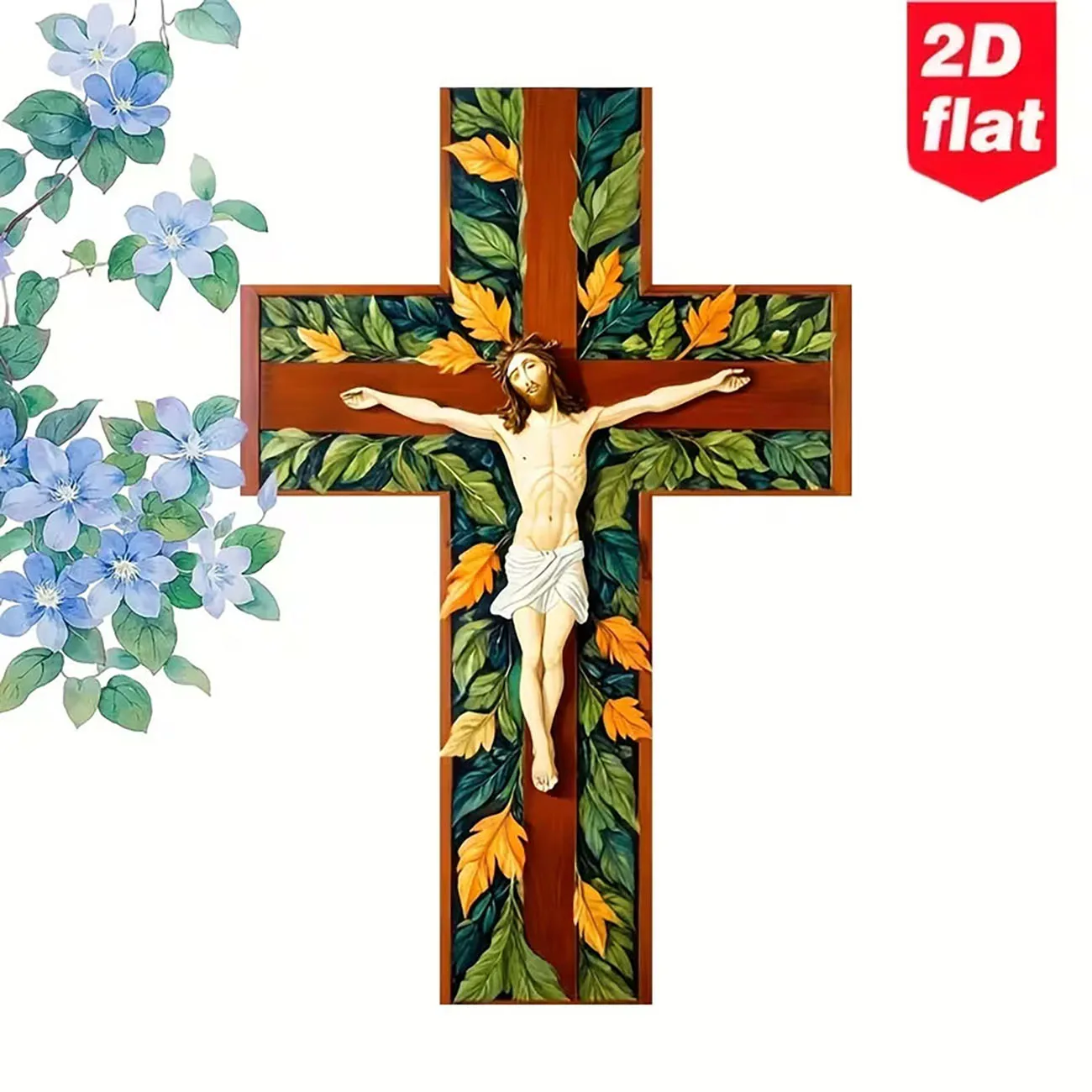 Wooden Jesus Crucifix Cross Wall Decor 2D Flat Print Religious Wall Hanging Ornament for Home Chapel Decoration