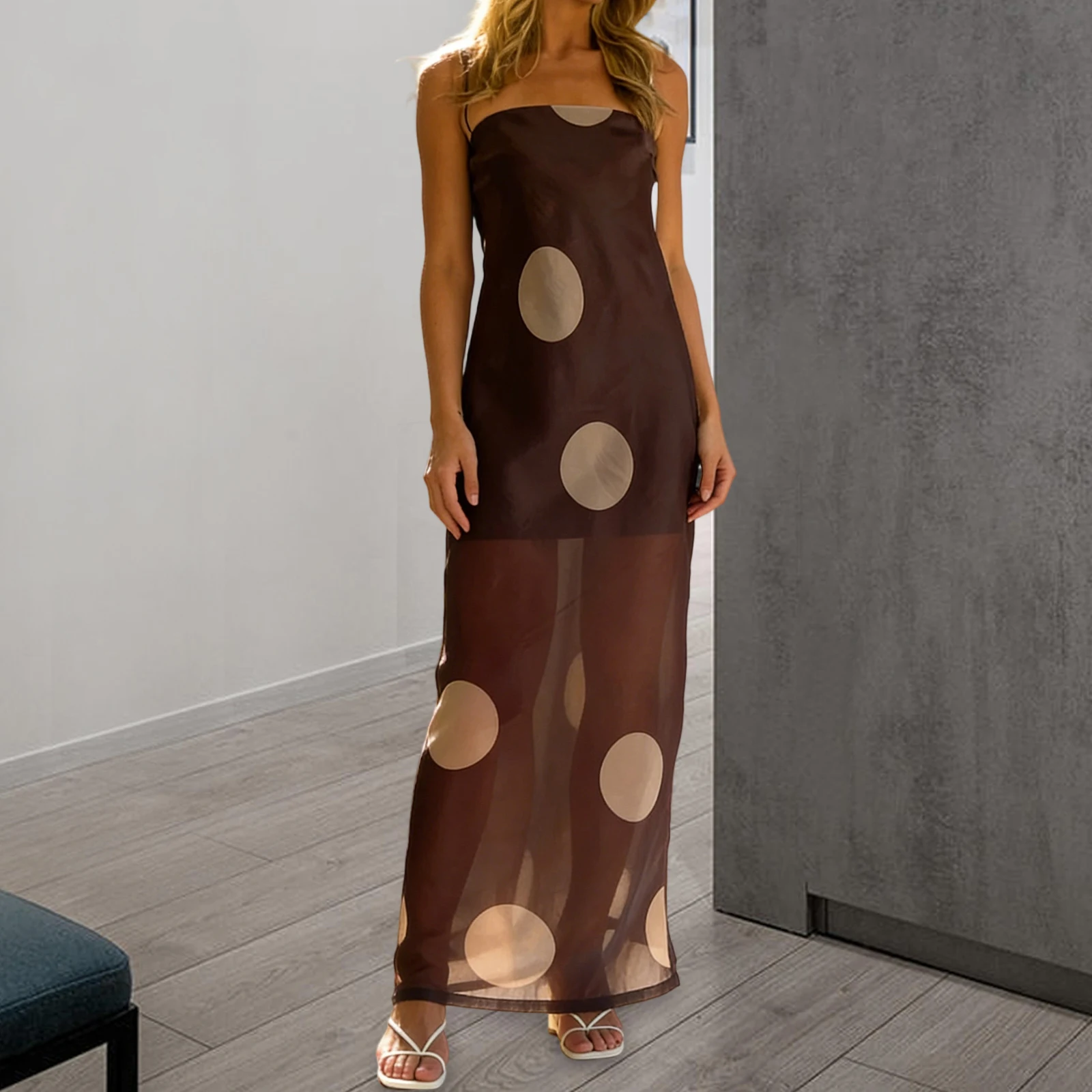 Frauen Sommer y2k Vintage Dots Print Mesh Sheer Maxi Kleid Ärmelloses Rückenfreies Spaghetti Strap Durchsichtig Club Party Cami Kleid