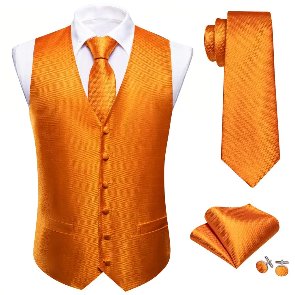 Luxury Vest for Men Silk Orange Solid Waistcoat Tie Set Wedding Formal Social Dress Suits Male Gilet Sleeveless Barry Wang