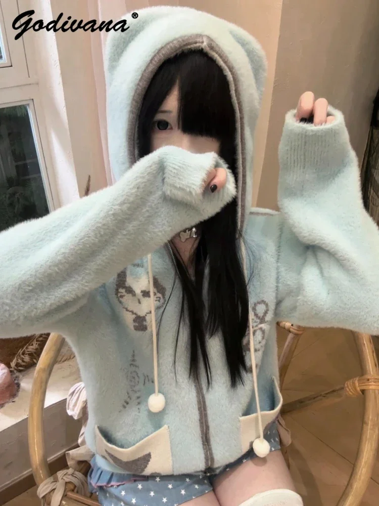 Original Cute Pocket Imitation Mink Cat Ear Hooded Sweater New Autumn and Winter Girl Womens Blue and Gray Knitted Cardigan Coat