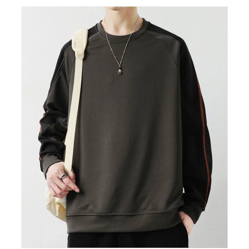 

Spring Autumn New Men's Fashion Color Block Trendy Hoodless Crew Neck Sweatshirt Long Sleeve Casual Versatile Base Layer Top