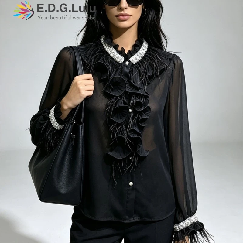 EDGLuLu 2026 Autumn New Round Neck Mushroom Edge Diamond Inlay Splicing Blouse Single Breasted Long Sleeved Black Top 1026