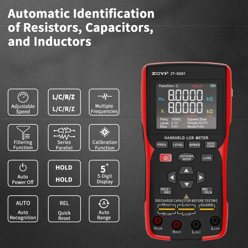 ZOYI Portable LCR Tester Digital Bridge DQ02 100KHz High Precision Capacitance, Resistance and Inductance Automatic Identificati