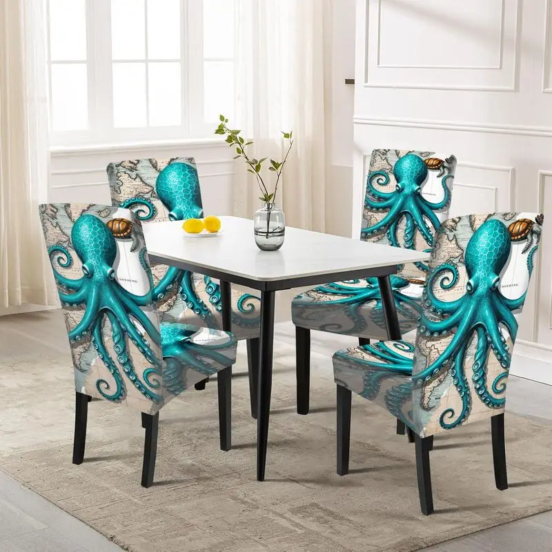 

2D flat print chair cover, cyan octopus and little turtle with top hat print, suitable for home, hotel