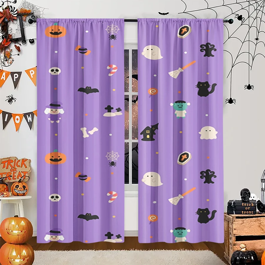 2PCS Digital Print Curtain, Purple Halloween Icons Pattern, Purple Background Spooky Holiday Style for Living Room Bedroom Decor