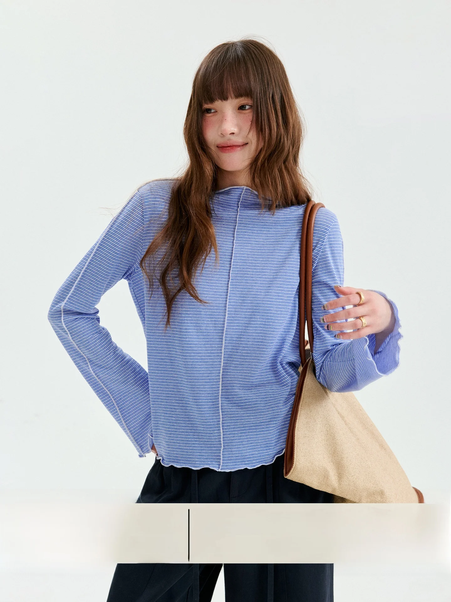 Loose Women's T-shirt with Bell Sleeves Blue Striped Wave  AMUU Original Design Commute Style Korean Fashion Inner Wear