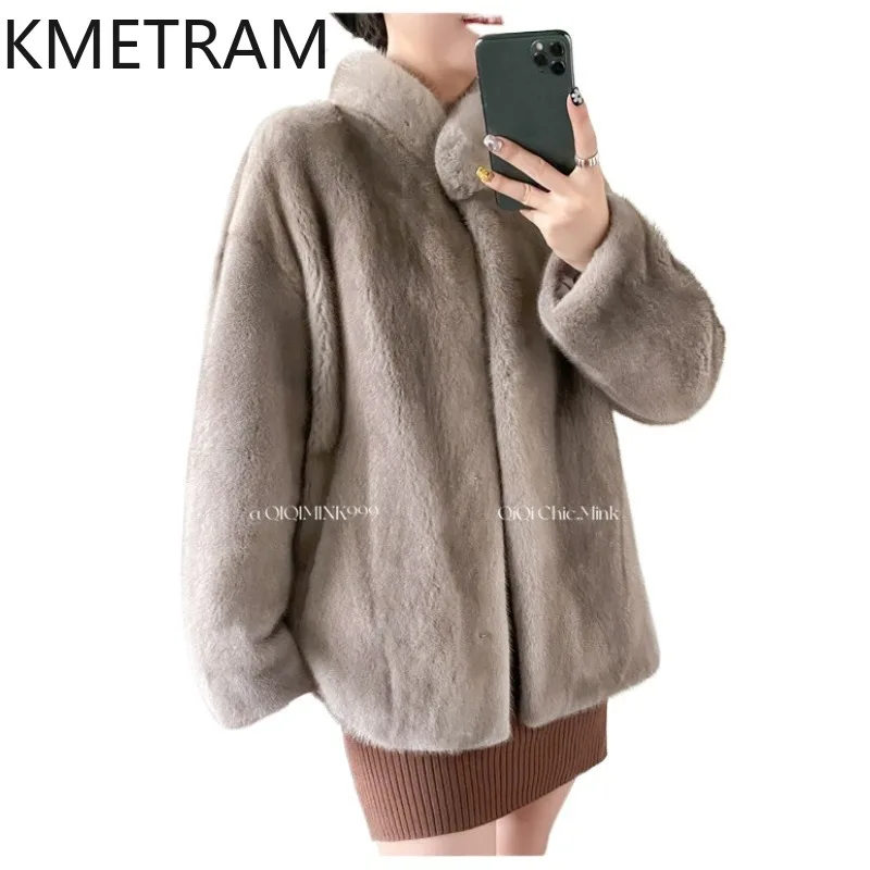 KMETRAM Top Quality Velvet Mink Real Fur Coat Woman Mid Length Overcoat Womens Winter Coats Whole Female Mink Fur Jacket Warm 코트