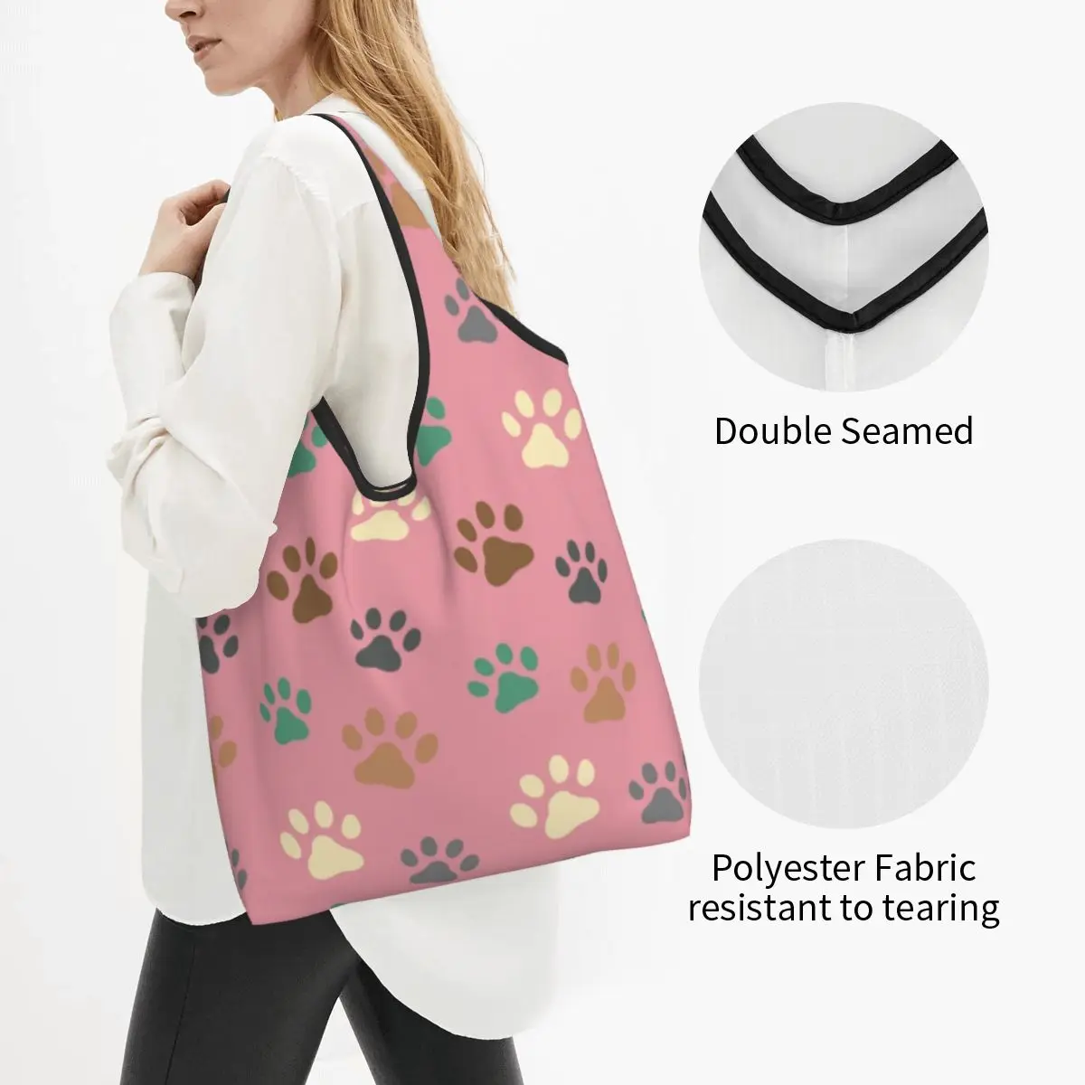 Pet Dog Paw Pattern Groceries Shopping Bag Funny Shopper Tote Shoulder Bag Big Capacity Portable Animal Footprint Handbag