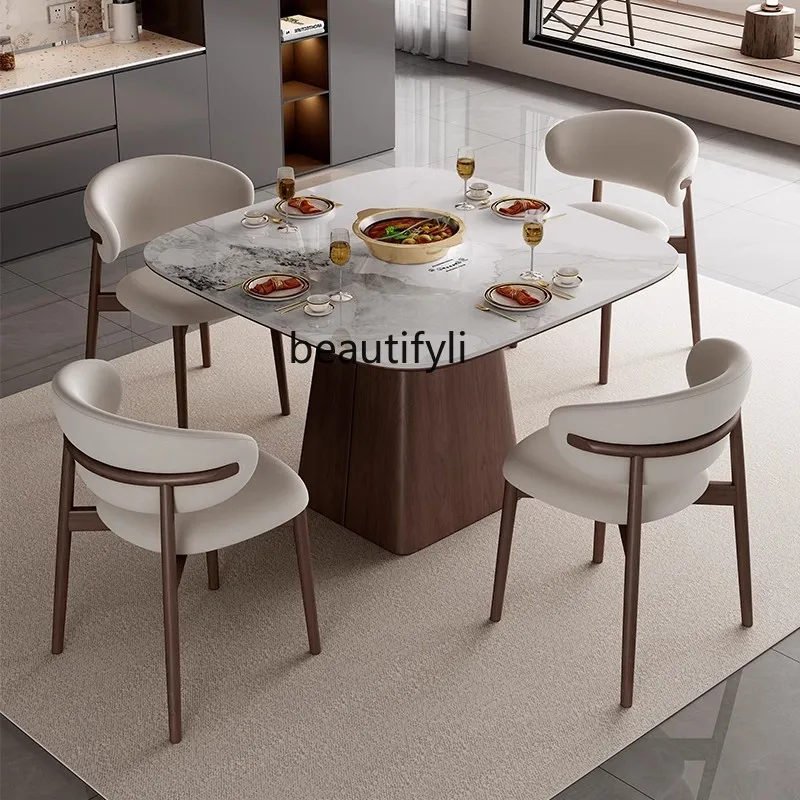 

Nordic slate solid wood square dining table for small apartments modern round dining table and chair combination