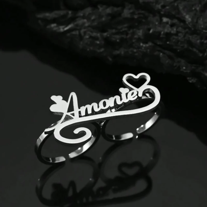 Gold Stainless Steel Name Rings for Girl Personalised Custom Open Two Fingers Ring Luxury Cute Dating Ring Knuckles Party Gift view 4
