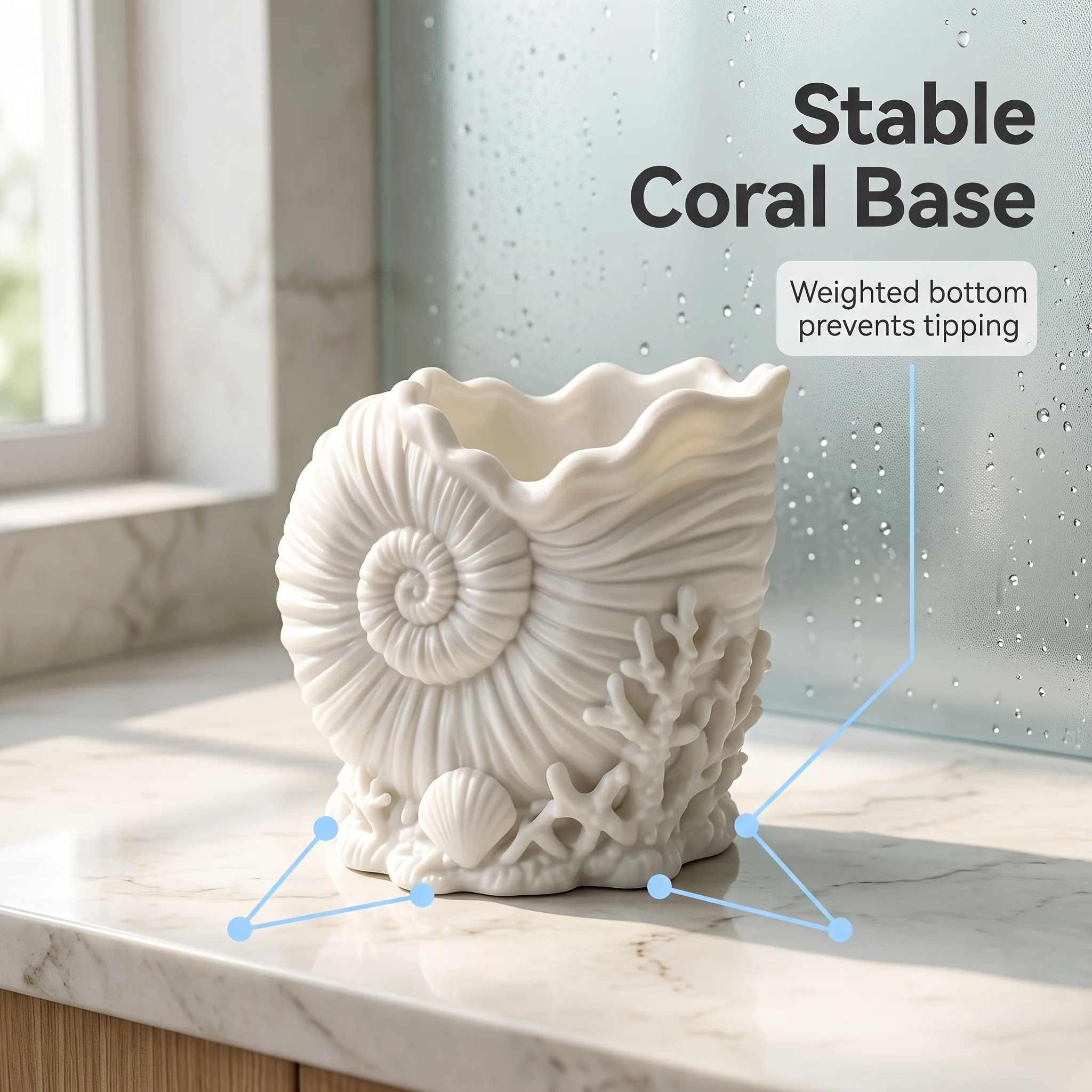 French-style Pure White 3D Embossed Conch and Coral Toothbrush Holder, 3D Printed Storage Tube for Toothbrush, Toothpaste