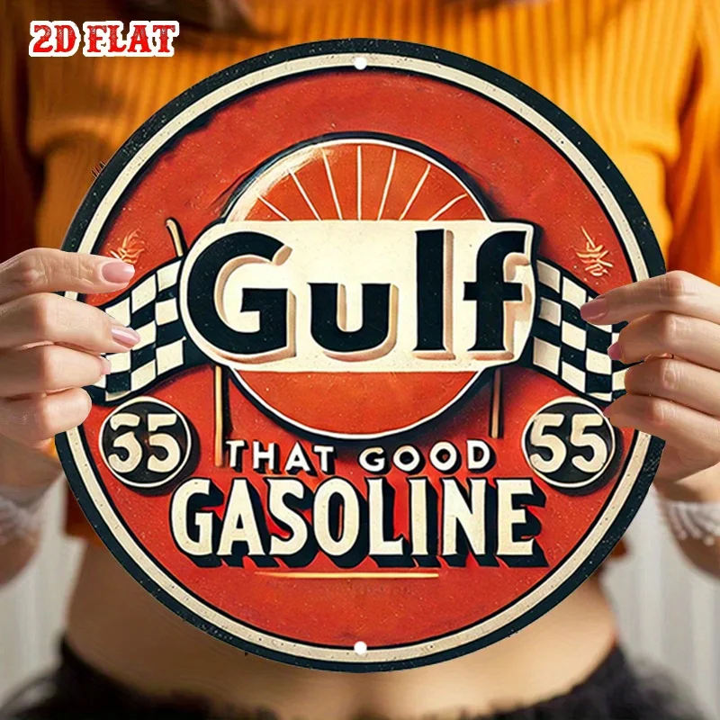 2D شقة، 1PC خمر الخليج 55 البنزين الألومنيوم معدن القصدير تسجيل - 7.87x7.87 بوصة تصميم جولة متقلب العلم، ريفي جدار الفن ل #6