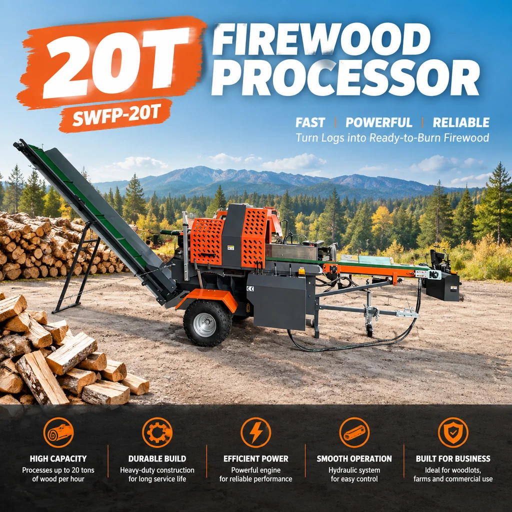 20T Hydraulic Log Splitter 600mm Splitting Length 480mm Cutting Diameter for Commercial Firewood Processing