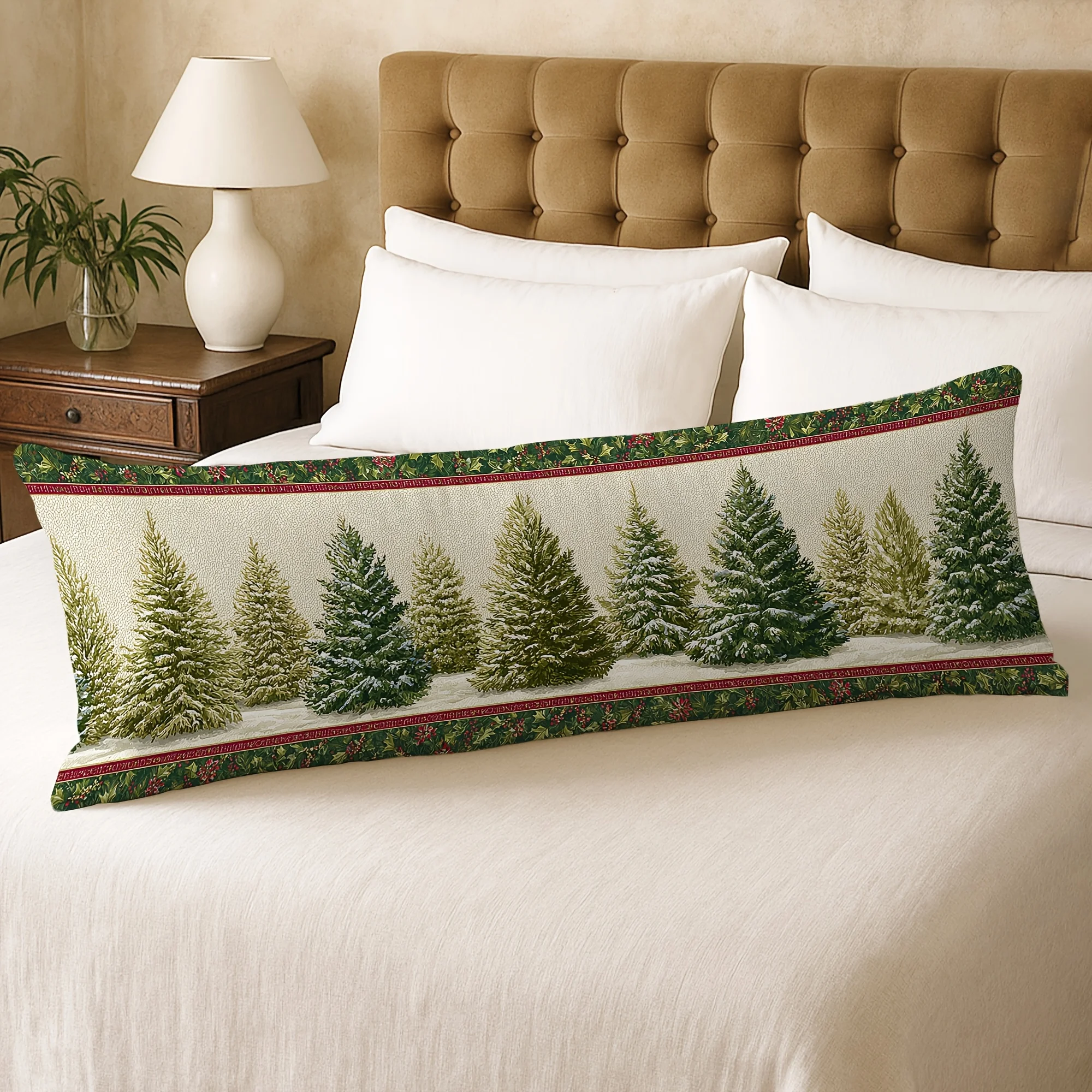 1pc Large Contemporary Green Winter Snow Pine Tree Body Pillow Case Suitable for Couch, Bed, Sofa - Natural Minimalist Decor, Zi