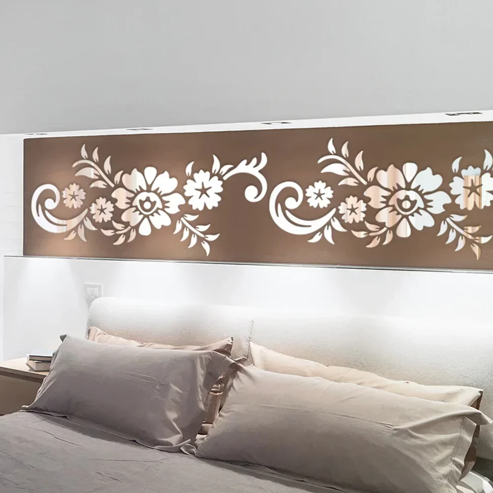 50x21.5cm Removable Acrylic 3D Mirror Wall Decal Rattan Flowers Fashionable Home Living Room Decoration