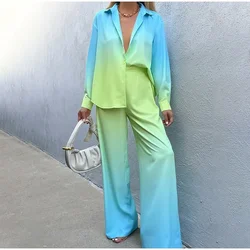 2023 Spring Autumn Gradient Color Two-Piece Suit Women Long Sleeve Turn-down Collar Shirt High Waist Pocket Wide Leg Pants Suit