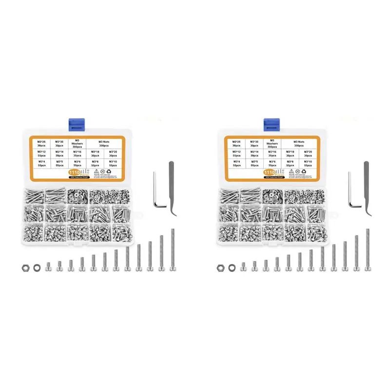 BHBD-M3 Stainless Steel Screws Nuts Washers Assortment Kit With Hex Wrenches, 2200 Pcs Hex Socket Button Head Cap Screws