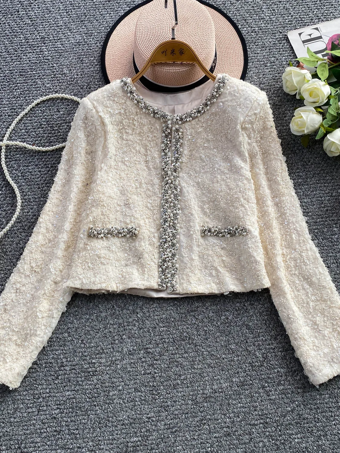  round Neck Diamond Embellished Lace Jacket Women's Slimming Shiny Sequin Top Commute Style Loose Fit Long Sleeve