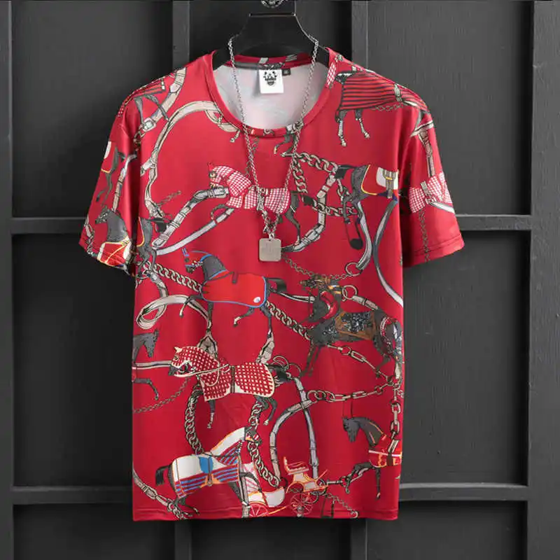 

European Seamless Soft Fabric Pony Print Pattern Ice Silk Short Sleeved T-shirt Plus Men's Cotton Tees New Arrival