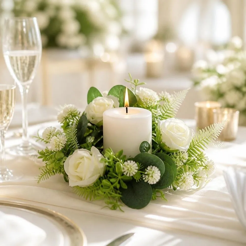 Rose Wreath Candle Holder Artificial Green Leaves Exquisite Pillar Candle Holder Table Ornaments Centerpiece Decoration