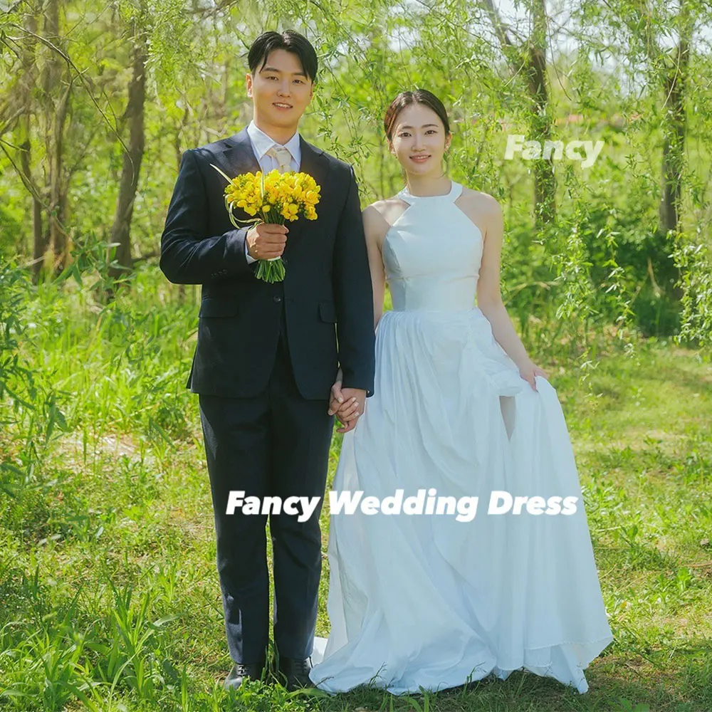 Fancy Simple O Neck Wedding Dress Korea Photo Shoot A Line Taffeta Bridal Gown Sleeveless Back Corset Customized