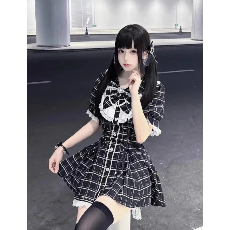 

Bow Tie High Waist Slimming Dress and Shorts Two Piece Set Japanese Style Sweet Girl Plaid Black White Short Sleeve Top
