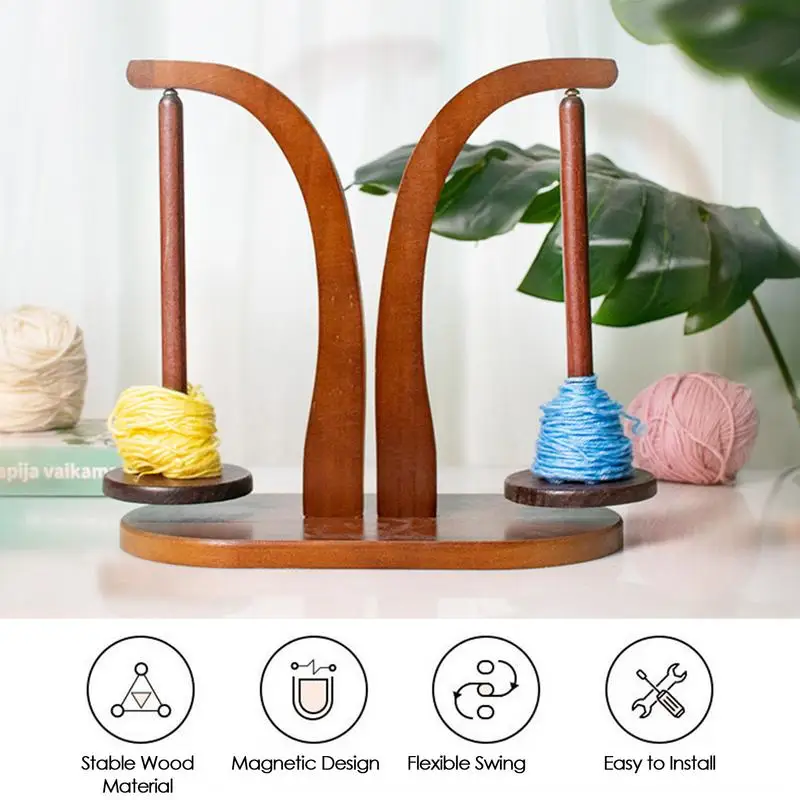 Double Yarn Spindle Rotating Wooden Sewing Yarn Holder Spinner Magnetic Thread Spool Wool Ball Winder Knitting Sewing Tool