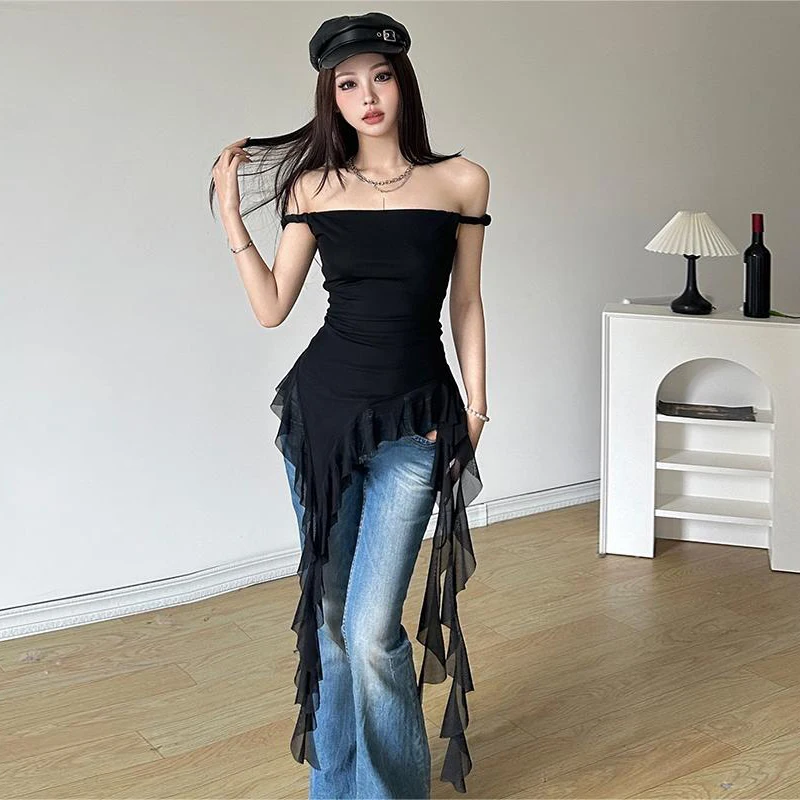 

Slash Neck Solid Sleeveless Women Y2k Aesthetic Irregular Ruffled Summer Dress