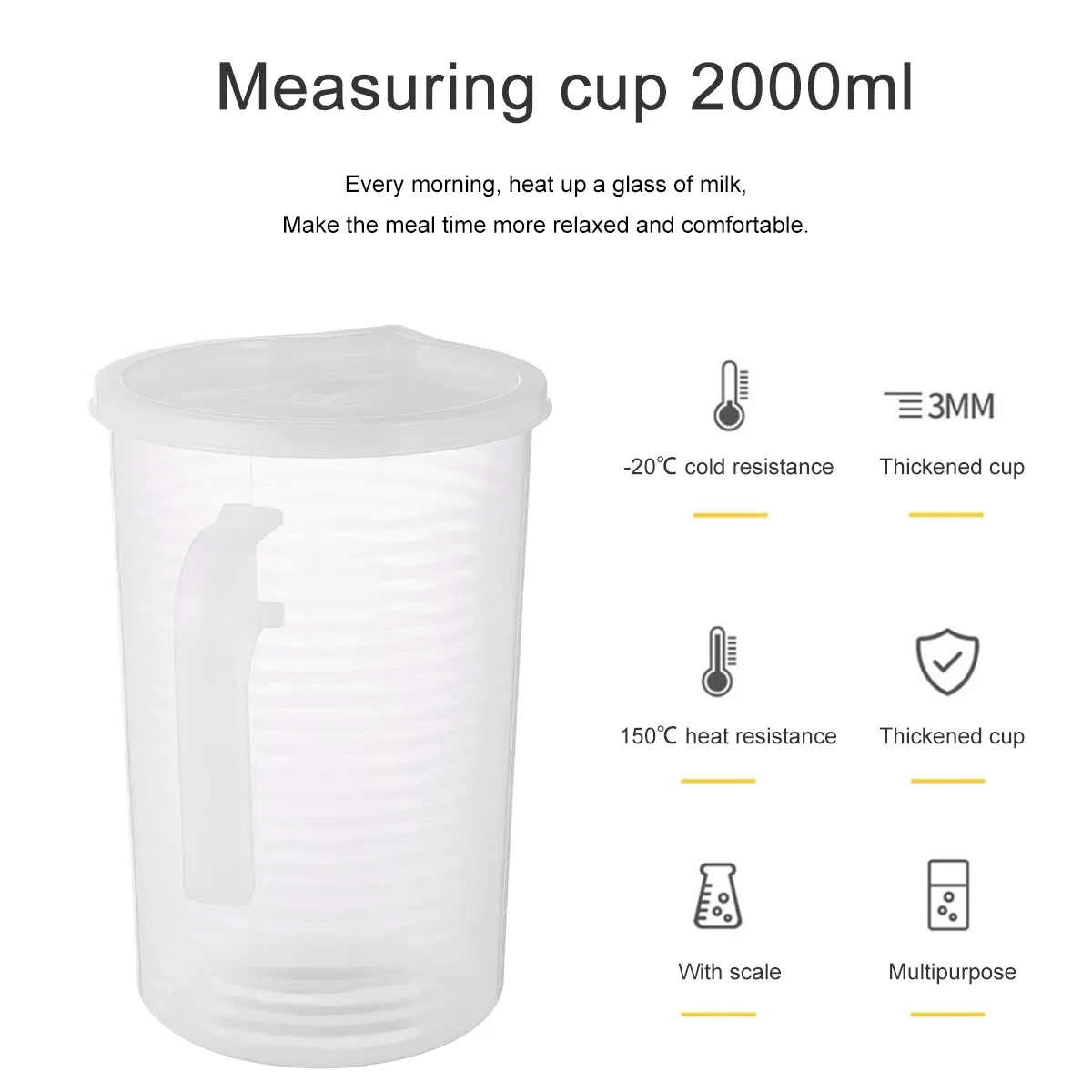 1Pcs Measuring Cup 2000Ml Transparent PP Plastic Food Safe Lightweight with Precise Scale Markings Non Slip Handle for Kitchen