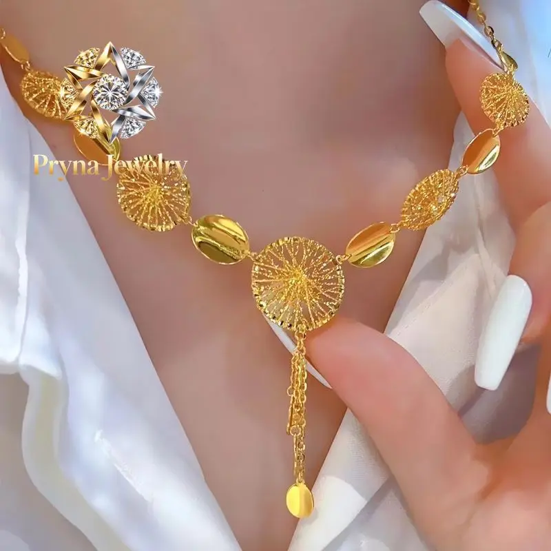 

Pryna Jewelry 9999 24K real gold passionate necklace hollowed fringe one set chain feminine quality light luxury style high se