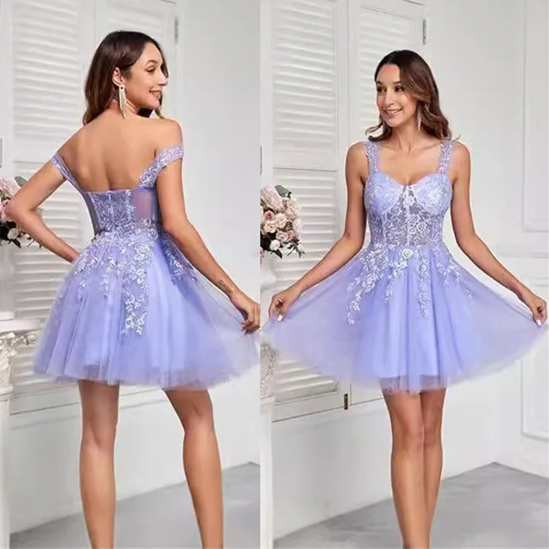 

Платье из фатина А-силуэта длиной до колена с кружевными аппликациями и вырезом-лодочкой для вечерних мероприятий, подружек невесты, свадеб, выпускных, коктейльных вечеринок, выпускных балов, дней рождения