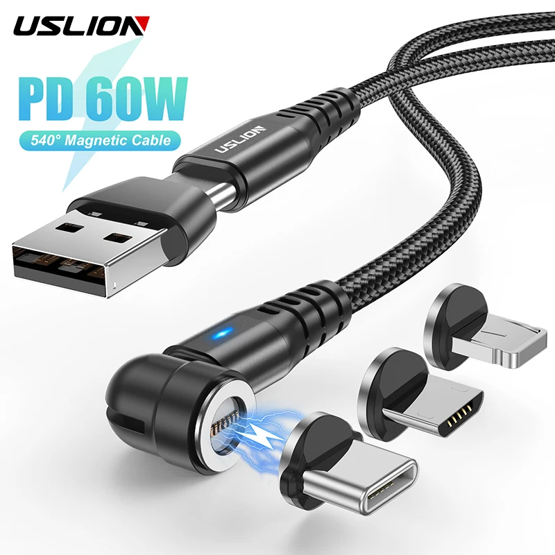 USLION PD 60W 540 Rotate Magnetic Cable Micro USB C to Type C Cable 5A Fast Charging Phone Cable For iPhone 15 14 Samsung Xiaomi