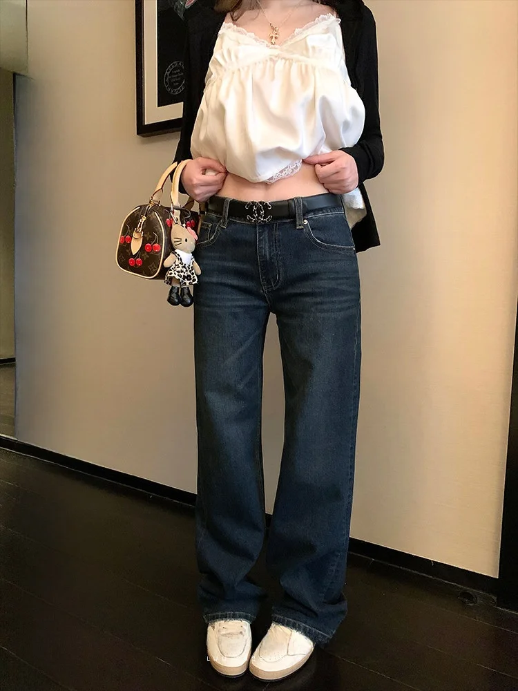 

Low Waist Straight Leg Casual Vintage Jeans Women's Spring Autumn Long Pants Design Slimming Jeans Commute Style Deep Color
