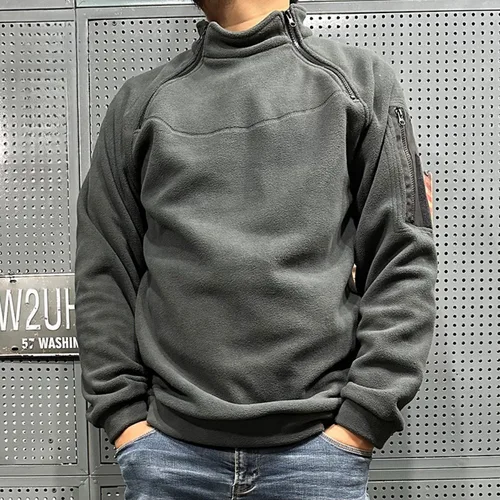 Imagen 1 del producto Sudadera Polar de lana para hombre, cálida, transpirable, táctica, con cremallera, cuello levantado, manga larga, informal, Color sólido