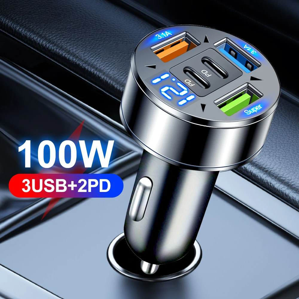 5 Ports USB C Car Charger Fast Charging PD QC3.0 USB C Car Phone Charger Type C Adapter In Car For IPhone Samsung Xiaomi